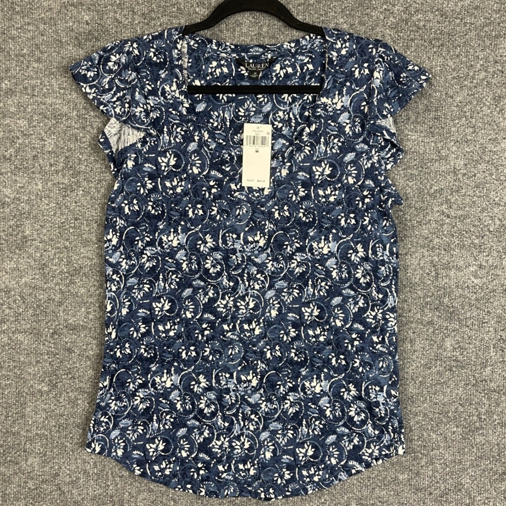 NEW $69 Lauren Ralph Lauren Top Medium Navy NWT Floral Flutter Sleeve V-Neck